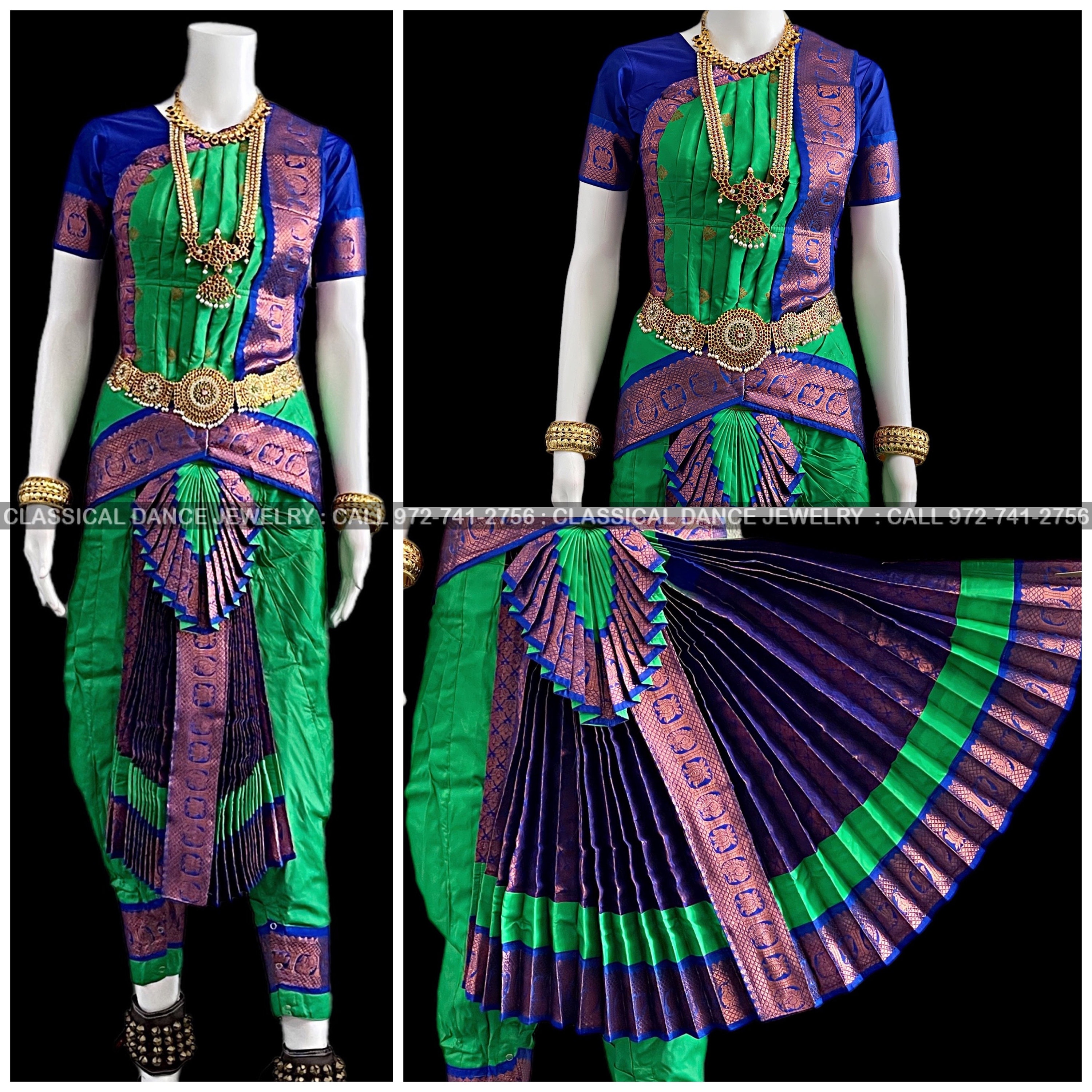 GRÜN BLAU 82cm Hose Länge Bharatanatyam Kupfer Zari Tanzkostüm | Kunstseide Dharmavaram kanchi | Klassischer Tanzschmuck