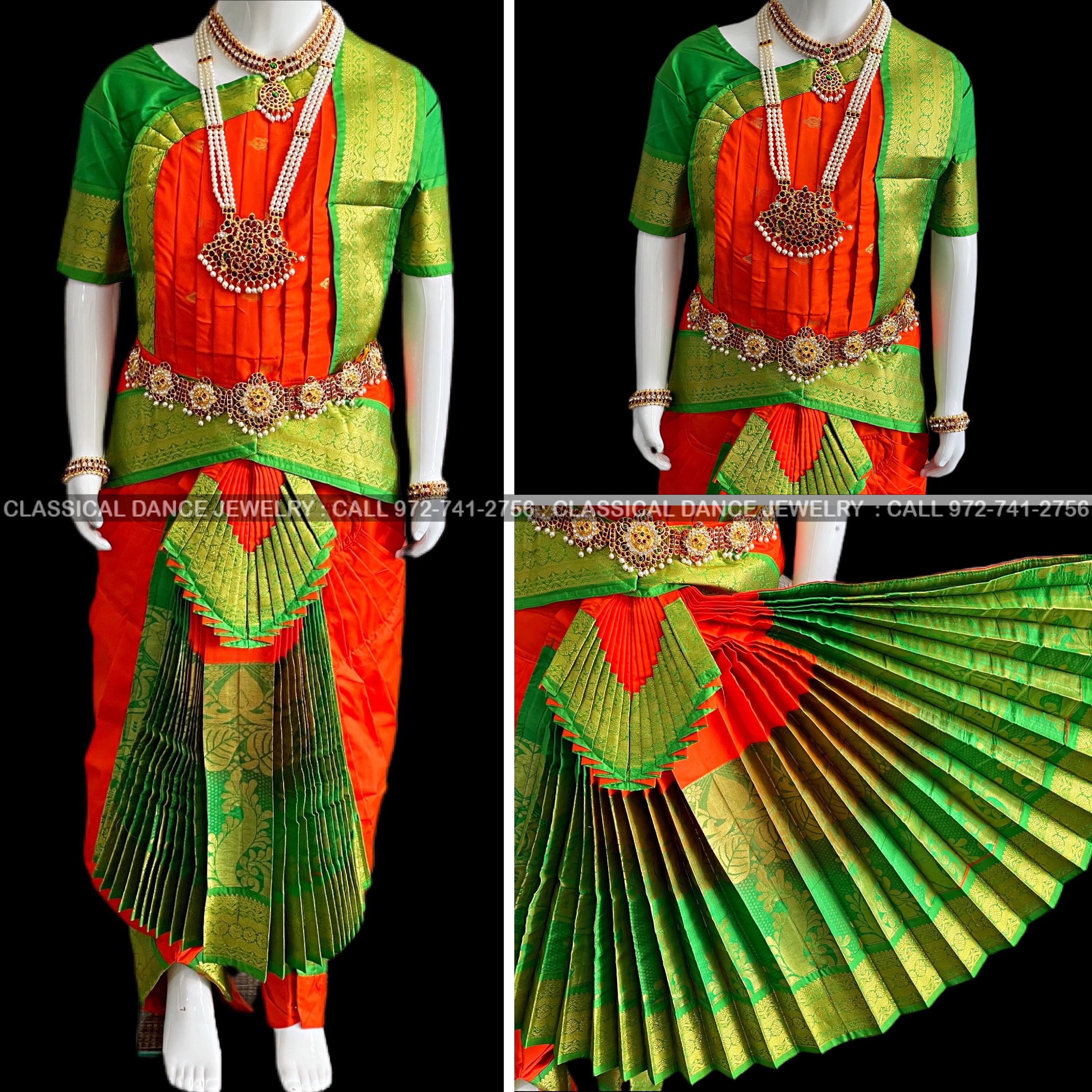 Orange Green 32 Inchs Pant Length Bharatanatyam Dance Costume | Art Silk Dharmavaram Kanchi Classical Jewelry