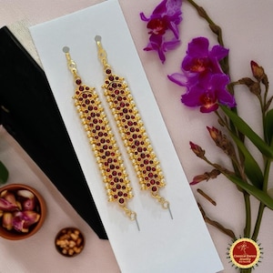 Red Kemp temple Indian Jewelry Mattilu | Ear Chains | Bharatnatyam, Kuchipudi, Engagement, Weddings | Classical Dance Jewelry