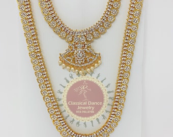 White Stone Long Short Indian Jewelry | Bharatnatyam, Kuchipudi, Parties, Engagement, Weddings, Birthdays | Classical Dance Jewelry