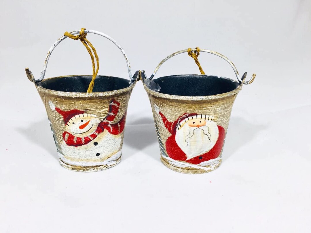 4 Galvanized Bucket Ornaments Santa Claus Snowman Etsy