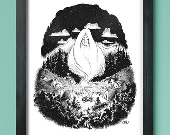Spirit of the Campfire  - Illustration Print - nature ink illustration - Art Decor Poster