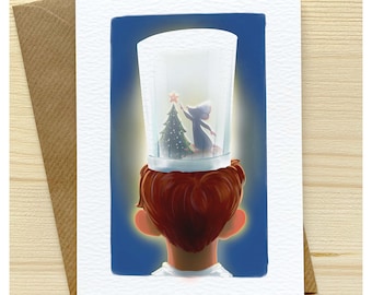 May include: A white chef's hat with a blue background. Inside the hat, a small mouse is placing a star on top of a green Christmas tree.