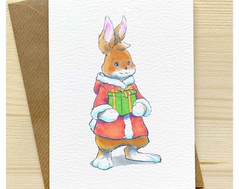 Rabbit Santa, Christmas Rabbit Greeting Card (A6) – Blank Inside, Envelope Included