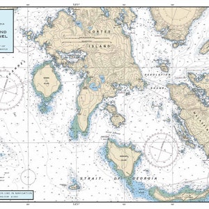 May include: A nautical chart of Desolation Sound and Sutil Channel in British Columbia, Canada. The chart shows the coastline, islands, and waterways of the area. The chart is marked with depths, buoys, and other navigational information. The chart is titled "Desolation Sound and Sutil Channel" and includes the text "This chart is not intended for use in navigation."