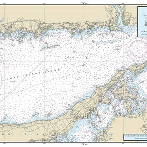 May include: A nautical chart of Long Island Sound East, a body of water located in the northeastern United States. The chart shows the coastline, islands, and waterways of the area. It includes depth soundings, navigational aids, and other important information for boaters.