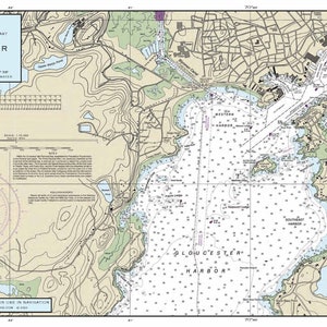 May include: A nautical chart of Gloucester Harbor, Massachusetts, showing the harbor's layout, depths, and surrounding land features. The chart includes a compass rose, scale, and legend. "This chart is not intended for use in navigation" is printed at the bottom.