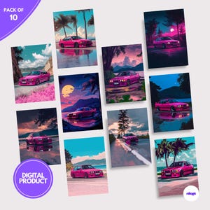 Op de afbeelding: Een set van 10 digitale prints met roze BMW's in verschillende landschappelijke omgevingen. De prints hebben een retro, vaporwave-esthetiek met levendige kleuren en een dromerige sfeer. De tekst "PACK OF 10" en "DIGITAL PRODUCT" is zichtbaar in de afbeelding.