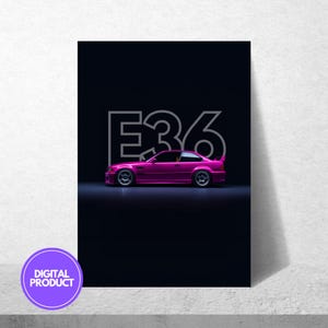 Puede incluir: Una impresión digital de un BMW E36 rosa sobre un fondo negro con el texto "E36" en blanco.