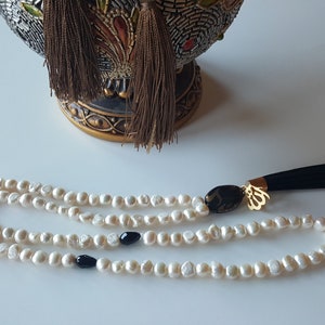Artisan Hand Made ZamZam Tasbih Islamic Prayer Beads White Cultured 7-10mm Pearls 99 set, timeless gold/blk stem and 22k plated Allah charm