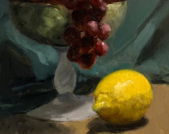 Lemon and Red Grapes Still Life – Original Oil Painting, 8x10