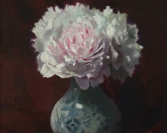 White Peonies in a Blue Vase - by Patrick Welsh Original Fine Art, Oil Painting Still Life Painting, Floral Painting