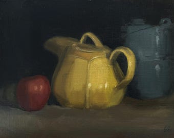 Still Life Oil Painting - Yellow Tea Pot, Original Fine Art (12"x9")