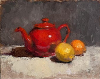 Citrus and Tea Pot Original Art Oil Painting Still life