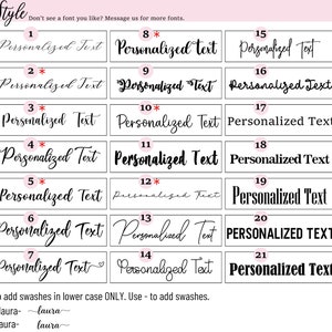 K&ouml;nnte beinhalten: Eine Tabelle mit 21 verschiedenen Schriftarten f&uuml;r personalisierten Text. Jede Schriftart ist mit einer Nummer und einem Stern gekennzeichnet. Der Text "Personalisierter Text" ist in jeder Schriftart geschrieben.