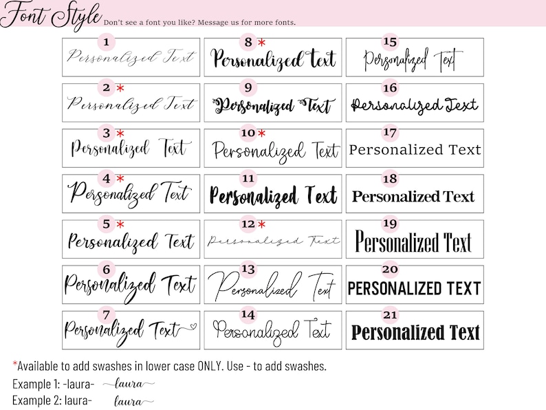 K&ouml;nnte beinhalten: Eine Tabelle mit 21 verschiedenen Schriftarten f&uuml;r personalisierten Text. Jede Schriftart ist mit einer Nummer und einem Stern gekennzeichnet. Der Text "Personalisierter Text" ist in jeder Schriftart geschrieben.