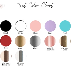 K&ouml;nnte beinhalten: Textfarbenkarte mit 12 Farbmustern. Die Farben sind Schwarz, Wei&szlig;, Rouge, Lila, T&uuml;rkis, Rot, Gold, Silber, Metallic Ros&eacute;gold, Chromgold, Chromros&eacute;gold und Chromsilber.