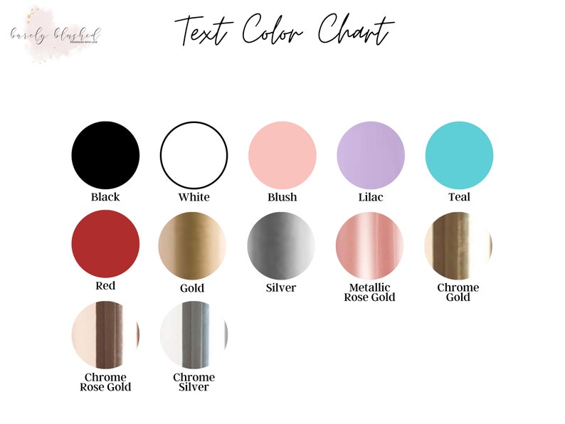 K&ouml;nnte beinhalten: Textfarbenkarte mit 12 Farbmustern. Die Farben sind Schwarz, Wei&szlig;, Rouge, Lila, T&uuml;rkis, Rot, Gold, Silber, Metallic Ros&eacute;gold, Chromgold, Chromros&eacute;gold und Chromsilber.