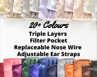 Triple Layer Satin Face Mask Covering with Filter Pocket Replaceable Nose Wire and Adjustable Ear Straps