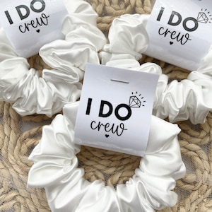 I DO CREW Scrunchie, Blue Cerulean Satin Scrunchie, Bridesmaid Scrunchie Set, Maid of Honor Bridal Proposal Gift, Bachelorette Hair Ties