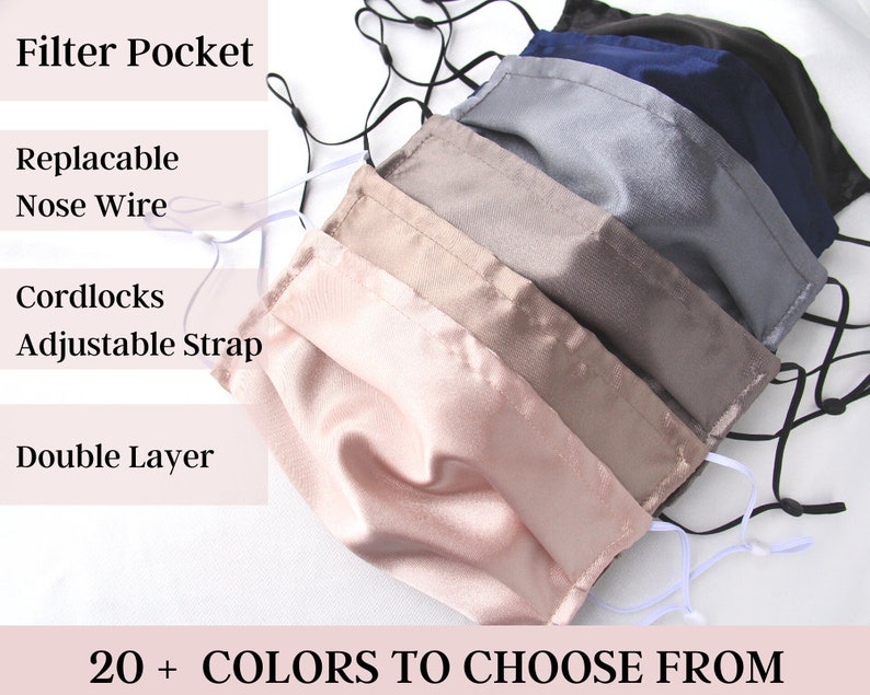 Reusable/ Washable Double Layer Bridal Satin Face Mask With Filter Pocket and Nose Wire 