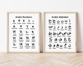 Arabic Educational Posters Set of 2, Islamic Nursery Prints, Arabic Alphabet Poster, Arabic Numbers, Muslim Kids Wall Art, Arabic Learning