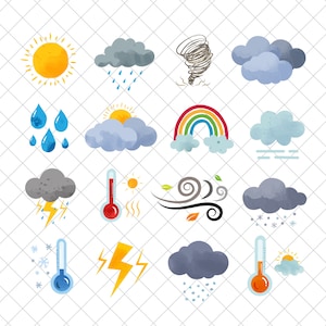 Weather Clipart Set, 16 PNG Files, Cloudy Sunny Rainy Snowy Images, Planner Supplies, Weather Icons, Digital Scrapbooking, Digital Stickers