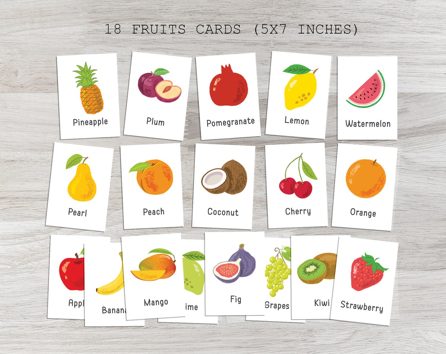 18 Fruits Cards, Fruits Flashcards, Learning Fruits, Preschool Cards