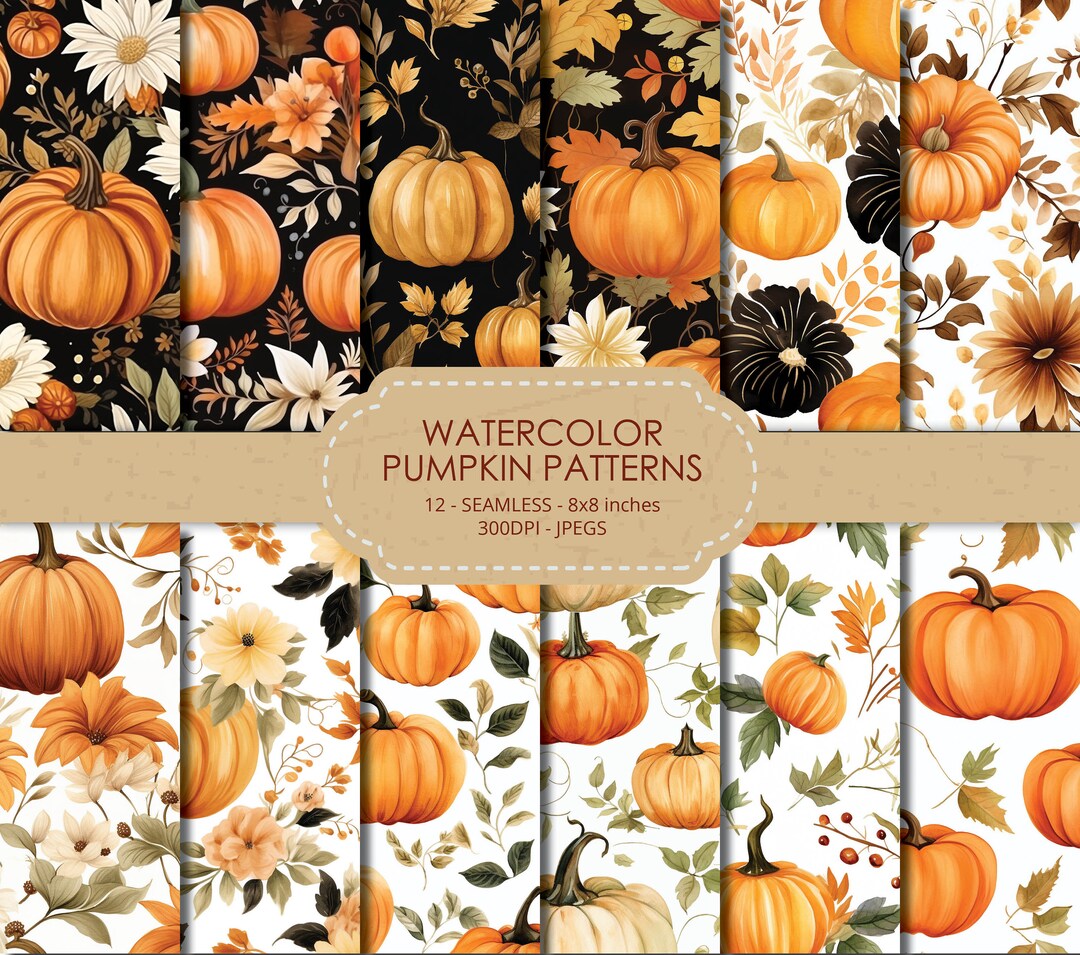Seamless Watercolor Fall Floral Pumpkin Patterns in Orange, Brown, Gold ...