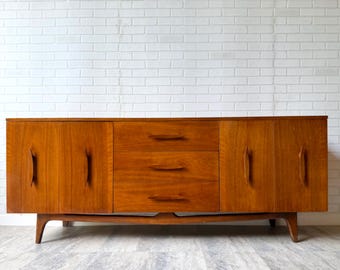 Mid Century Modern Sculptural Walnut Long Dresser Credenza