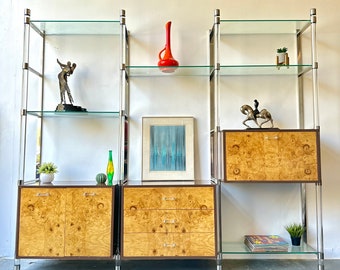 Vintage MCM Burlwood and Lucite Shelving Wall Unit