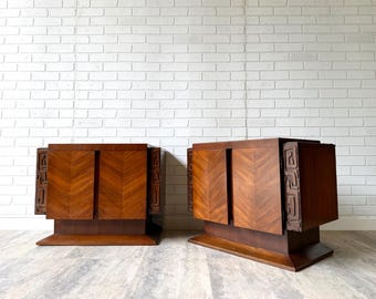 Mid Century Modern Brutalist Tiki Nightstands