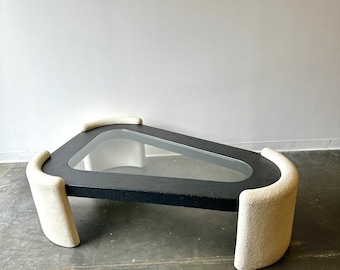 Vintage post modern unique guitar pick shaped plaster and glass coffee table