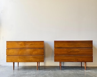 Mid century modern walnut three drawer chests dressers by Mel Smilow pair