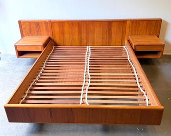 Danish teak MCM queen size floating platform bedframe with drawers