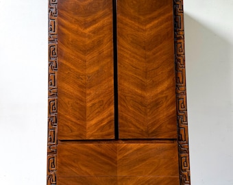Brutalist tiki MCM highboy dresser by United furniture