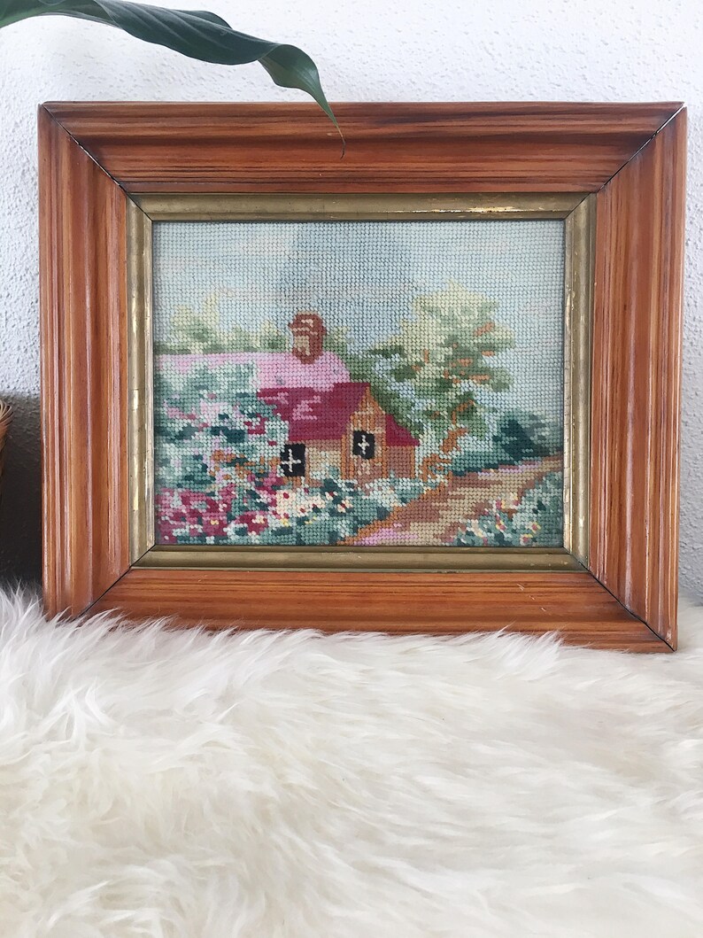 Vintage Needlepoint Cottage Scene with Garden Yarn Art Wood | Etsy
