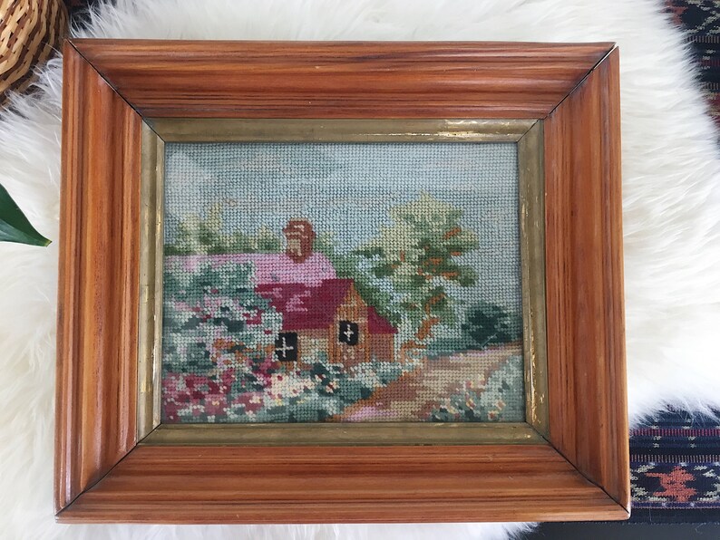Vintage Needlepoint Cottage Scene with Garden Yarn Art Wood | Etsy