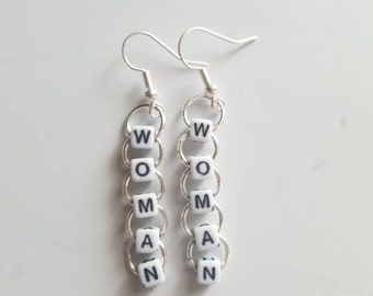 Beaded Word Earrings, Woman, Beaded Earrings, Empower Women,Dangle Earrings,Quirky Earrings,Cute Beaded Jewelry,Earrings for, Funky