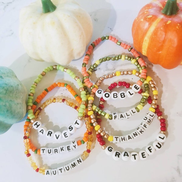 Thanksgiving Bracelets, Beaded Thanksgiving Bracelets, Fall Jewelry, Fall Bracelets, Beaded Word Bracelets, Thankful, Grateful, Autumn, Fall