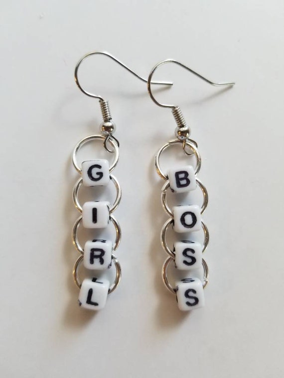 Beaded Word Earrings Girl Boss Earrings Small Biz dangle