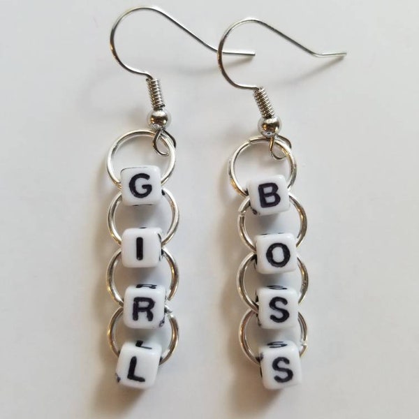 Beaded Word Earrings, Girl Boss Earrings, Small Biz,Dangle Earrings, Quirky Earrings, Cute Beaded Jewelry, Earrings for Her, Funky Earrings