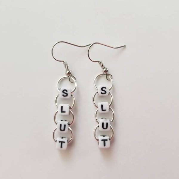 Slut Earrings, Beaded Word Earrings, Explicit Earrings,Funky Earrings, Funny Earrings, Beaded Jewelry,Gifts for Her,Dangle Earrings