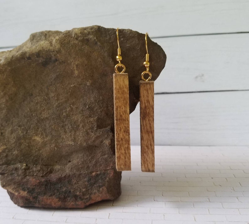 Wooden Rectangle Dangle Earrings Lightweight Boho - Gift Nature Statement