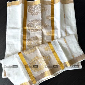 Kerala saree,kasavu saree,onam saree,indian sarees,indian clothing ,Onam Special Ivory Golden Big motif Cotton Kerala saree