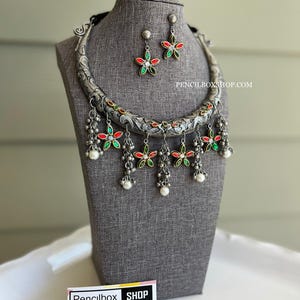 Afghani Ruby Green Black Metal Hasli Necklace set