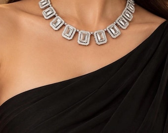 Conjunto de colar indiano com zircônias brancas, joias indianas, colar com diamantes americanos, joias paquistanesas, joias punjabi, colar indiano, joias de noiva.