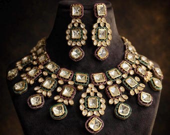 Uncut Kundan Necklace Set Bridal Polki Jewelry Multicolor Bridal Statement uncut kundan Cz Necklace set Polki Kundan Necklace Set
