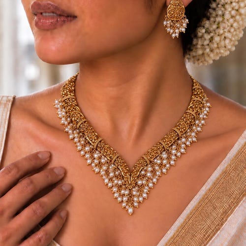 Sierlijke premium Hasli-ketting met gesneden tempel en etnische ketting met parels