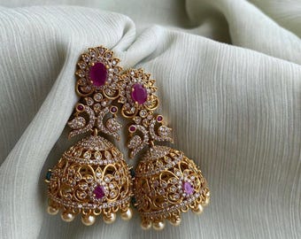 TEMPLE JHUMKA Kemp Ruby color Stones Jhumka Earrings/Light weight /Antique Gold Finish/Indian Jewelry/desi jewelry / indian jhumkas
